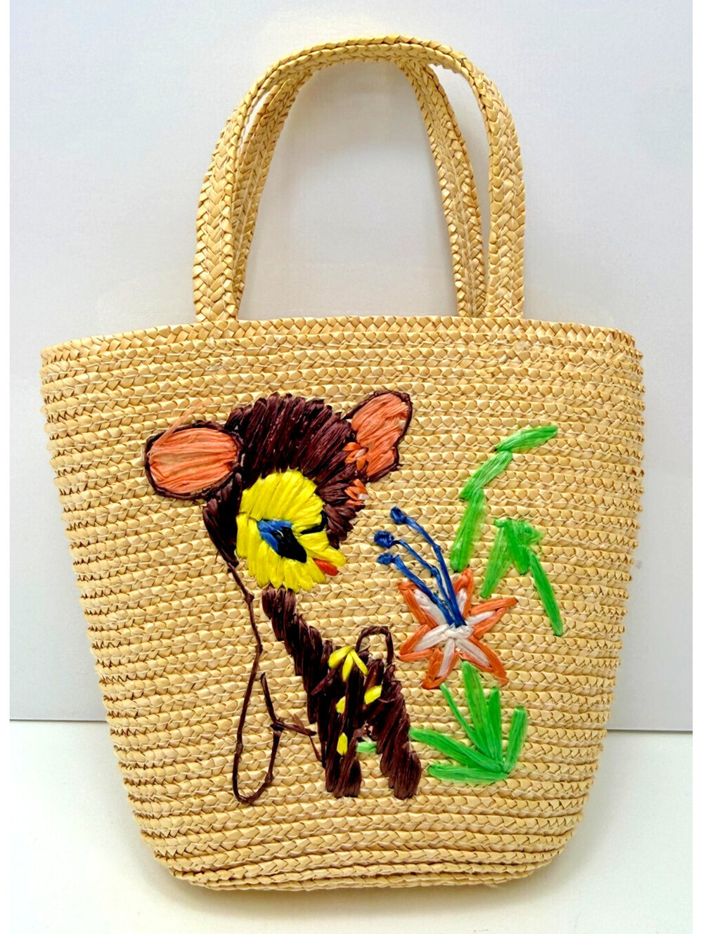 Vtg Bambi Deer Handbag Purse Mini Kids Woven Wicker Rattan Straw Boho